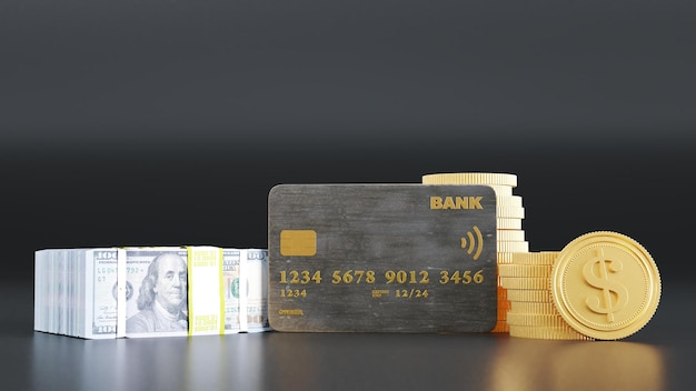 Un montón de monedas y una tarjeta de crédito Pagos en línea Concepto de tarjeta de crédito o débito Render 3D