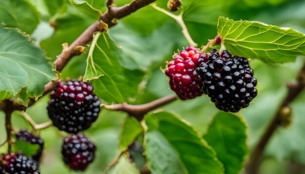 Foto un montón de moras están en una rama con hojas