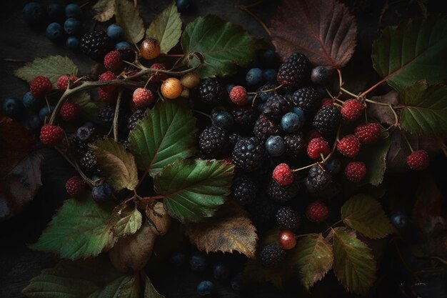 Un montón de moras y moras sobre un fondo oscuro