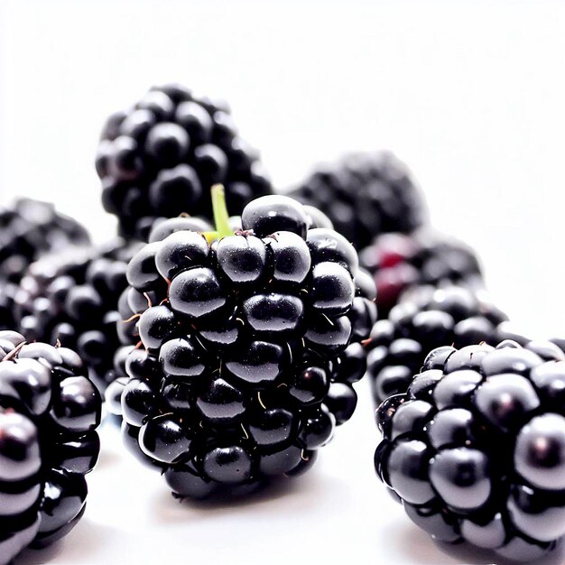 Un montón de moras con un tallo verde encima.