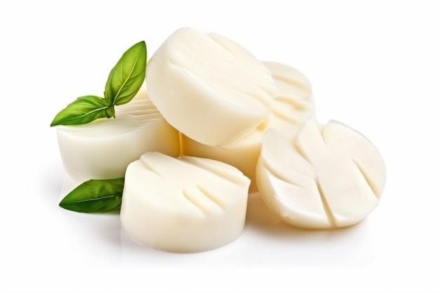 un montón de mozzarella con una hoja encima