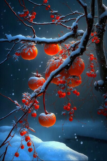 Montón de naranjas colgando de un árbol en la nieve generativa ai