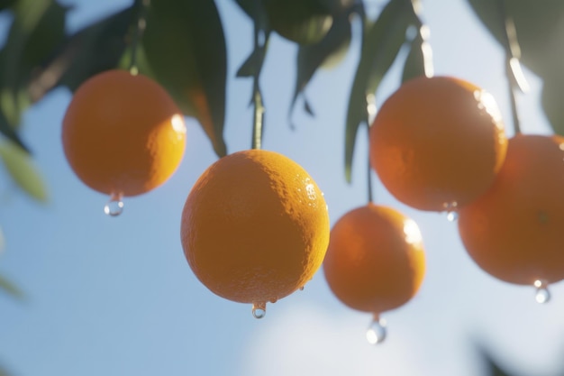 Un montón de naranjas cuelgan de un árbol con gotas de agua sobre ellas