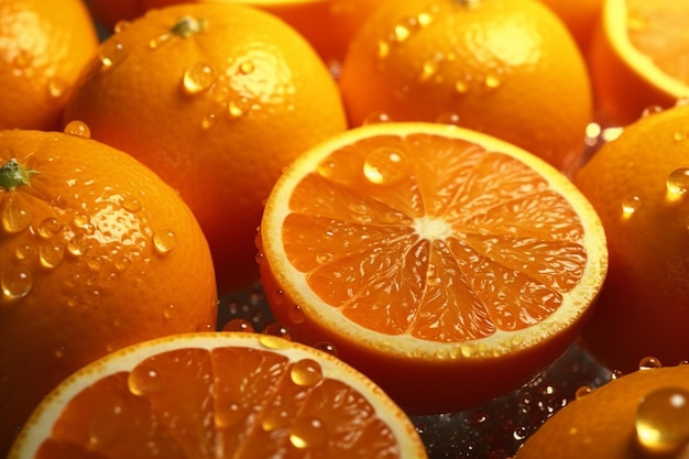 Un montón de naranjas con gotas de agua sobre ellas.