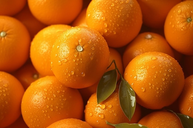 Un montón de naranjas con gotas de agua sobre ellas.