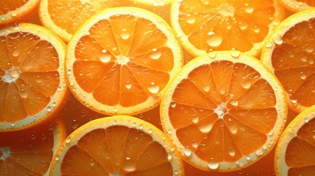 Un montón de naranjas con gotas de agua sobre ellas.