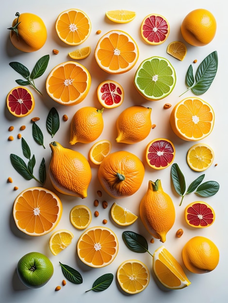 Un montón de naranjas y limones están dispuestos en una mesa.