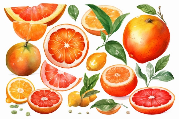 Un montón de naranjas y otras frutas están sobre un fondo blanco.
