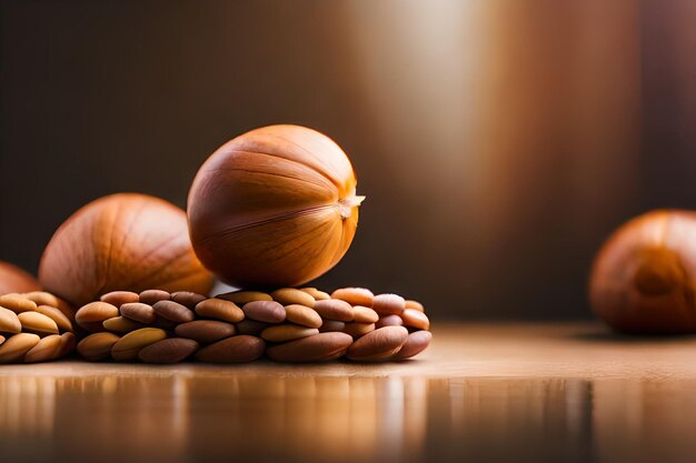 un montón de nueces se asienta sobre una mesa con un fondo borroso.