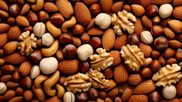 Un montón de nueces incluyendo almendras y almendras.