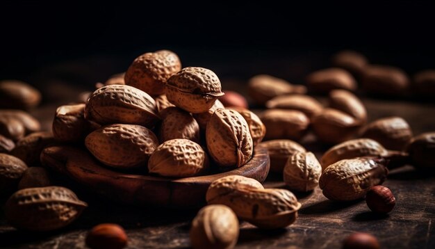 Un montón de nueces en una mesa de madera