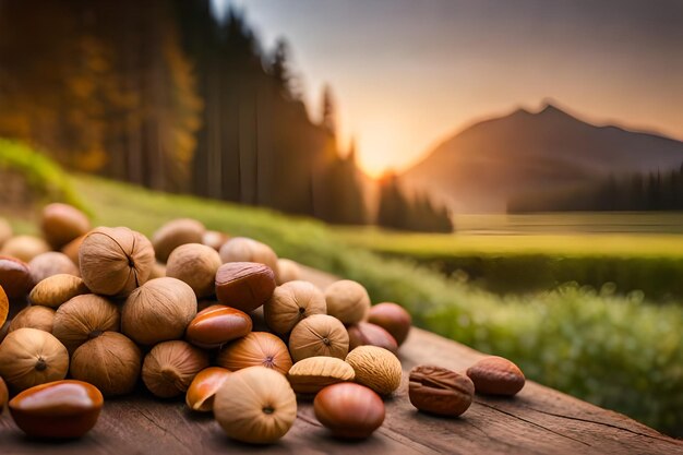 un montón de nueces sobre una mesa de madera con una puesta de sol al fondo.