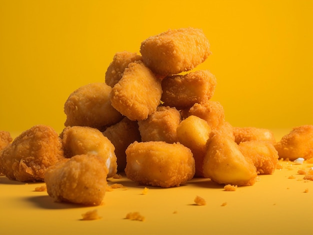 Un montón de nuggets de pollo frito sobre un fondo amarillo