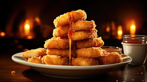 Foto montón de nuggets de pollo con salsa de tomate sobre una mesa de madera con fondo borroso