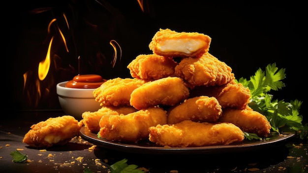 Montón de nuggets de pollo con salsa de tomate sobre una mesa de madera con fondo borroso