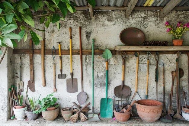 Un montón de ollas y palas colgando de una pared