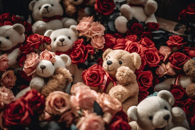 Un montón de osos de peluche con rosas en el fondo.