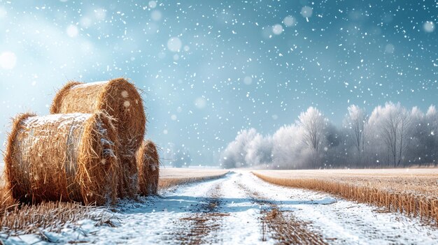 Foto un montón de pajar en un campo cubierto de nieve