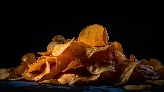 Un montón de papas fritas con un fondo negro