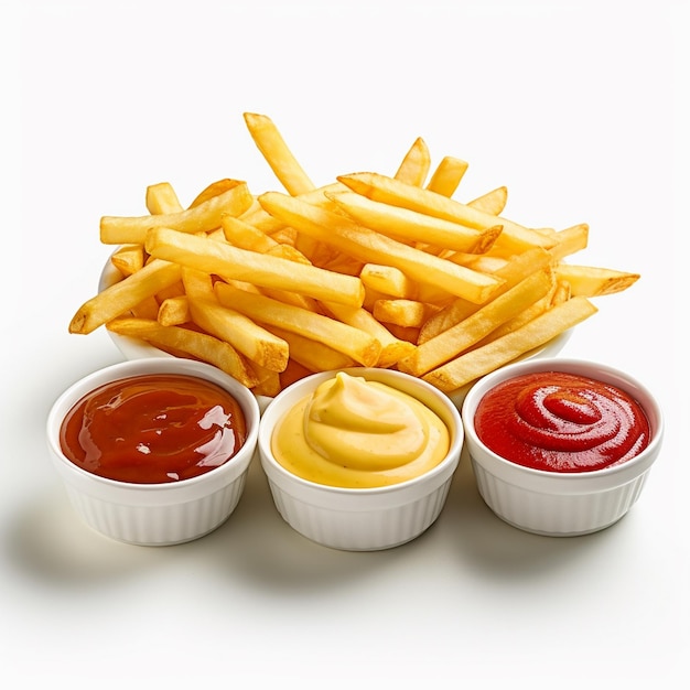 Un montón de papas fritas con ketchup y ketchup.