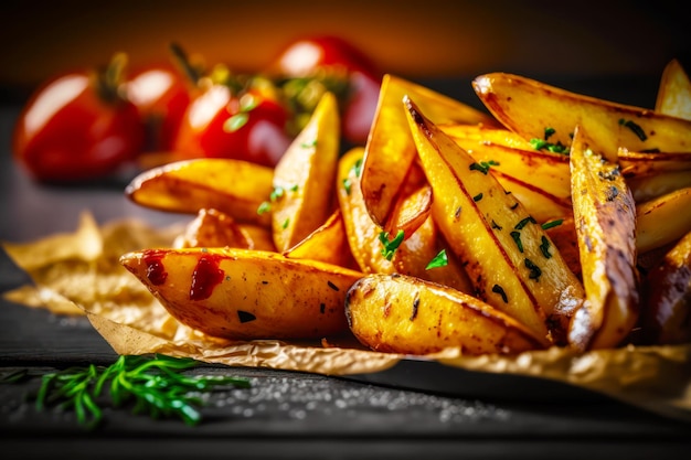 Montón de papas fritas con ketchup y tomates en el fondo IA generativa