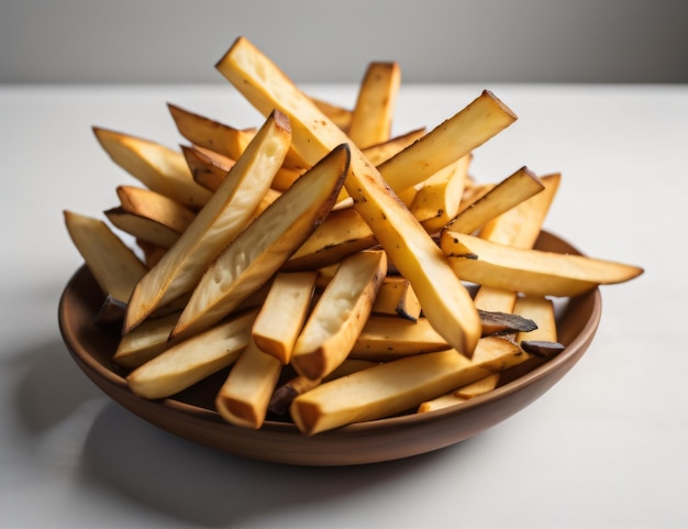 Un montón de papas fritas en una mesa con fondo blanco con ai generativo