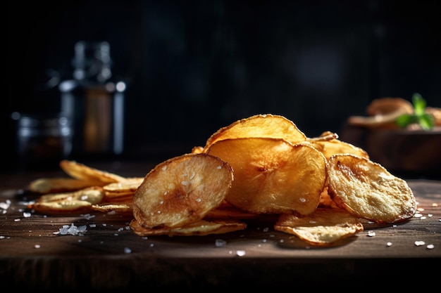 Un montón de papas fritas en una mesa de madera con una botella de ketchup en el fondo.