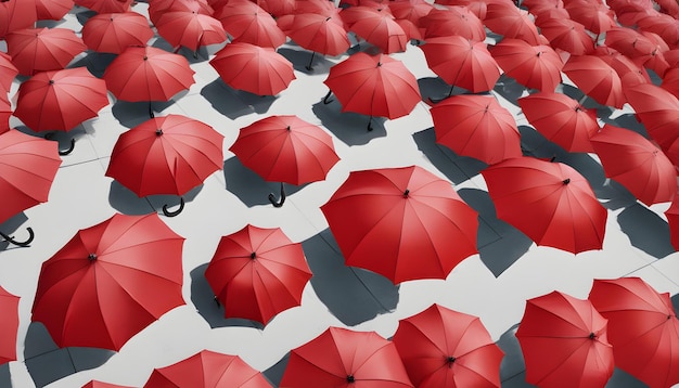 un montón de paraguas rojos están de pie en una línea