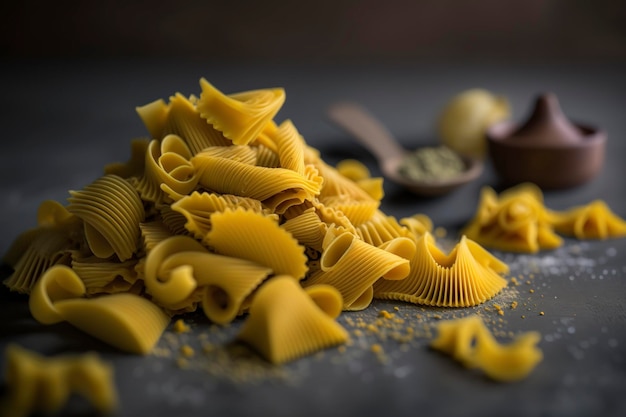 Un montón de pasta sobre una mesa con una cuchara de madera en el fondo.