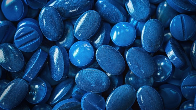 Un montón de pastillas azules en la mesa