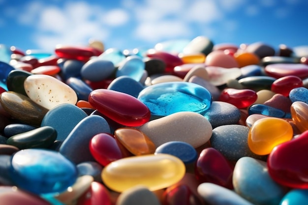 un montón de pastillas de colores sobre un fondo de cielo azul