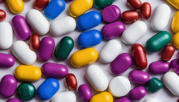 Un montón de pastillas coloridas sobre un fondo blanco