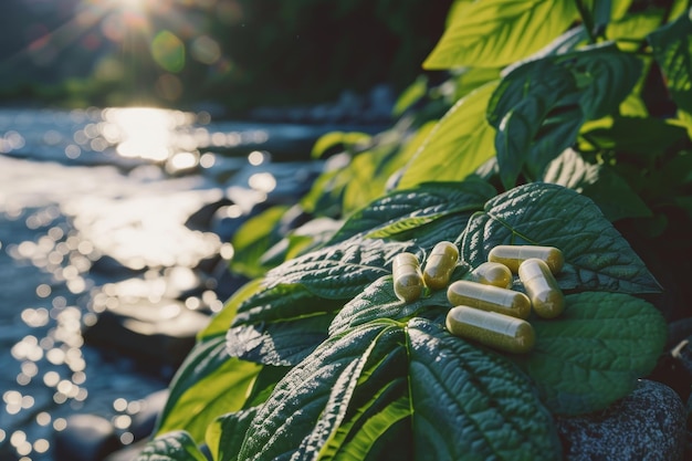 Un montón de pastillas están en una hoja junto a un cuerpo de agua