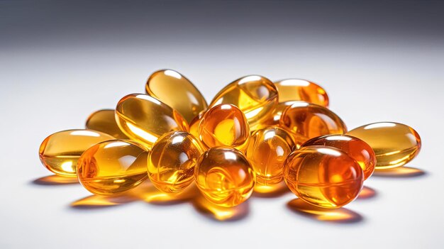 un montón de pastillas omega 3 al estilo de ámbar claro y oro