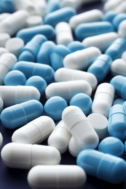 Un montón de pastillas con pastillas azules y blancas sobre un fondo azul.