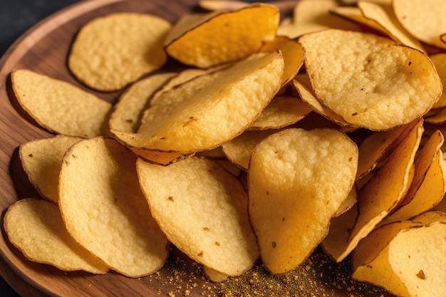 Un montón de patatas fritas en un plato de madera