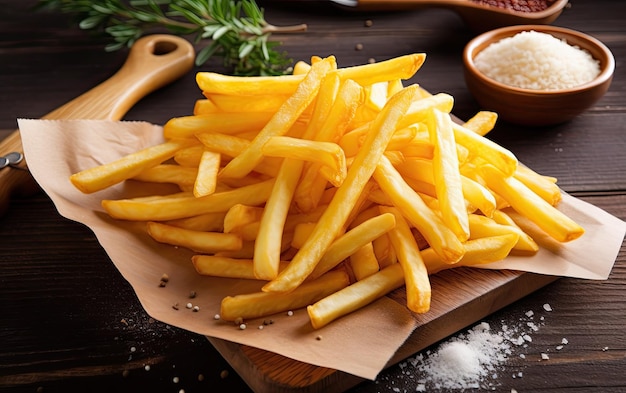 Un montón de patatas fritas en una tabla de cortar con sal y pimienta al lado.