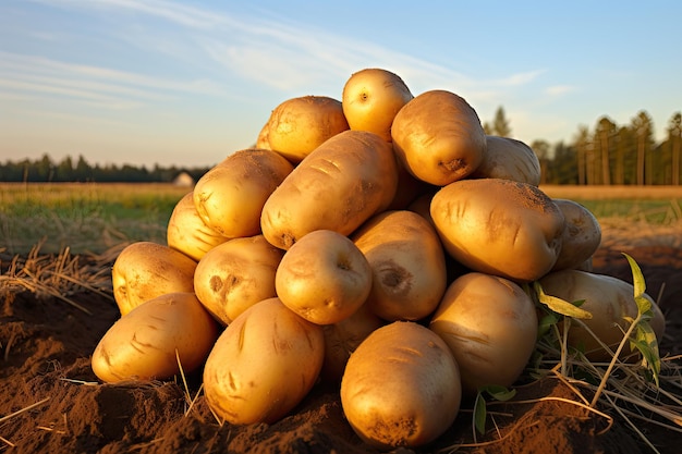 Montón de patatas maduras en el suelo en el campo