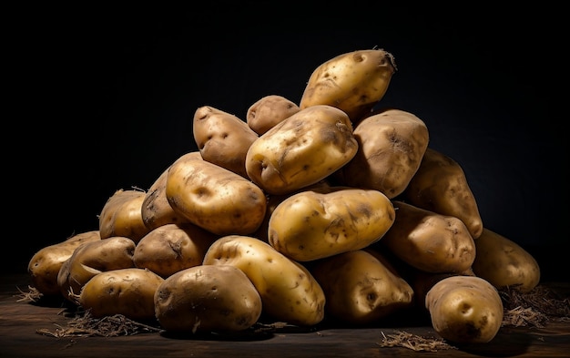 Un montón de patatas en una superficie negra