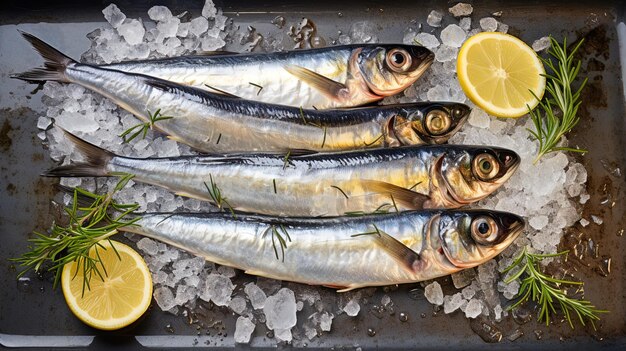 Foto un montón de peces están en una mesa con limones y limones