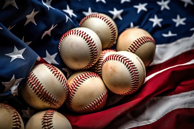 Un montón de pelotas de béisbol sentadas encima de una bandera estadounidense