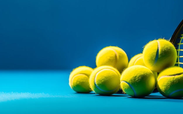 Un montón de pelotas de tenis en una mesa azul