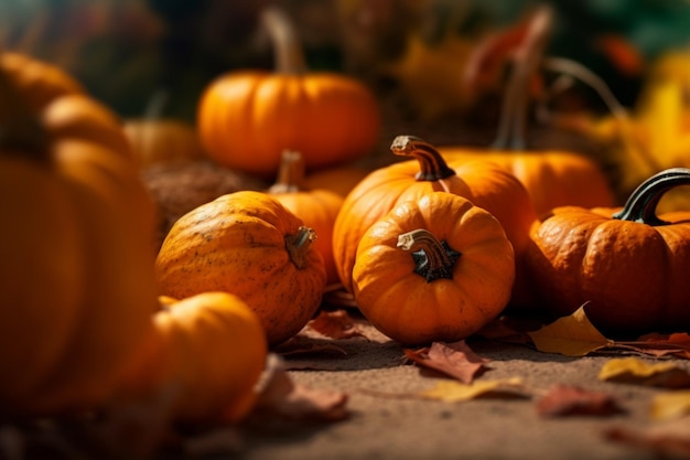 Un montón de pequeñas calabazas en un suelo con hojas de otoño en el suelo.