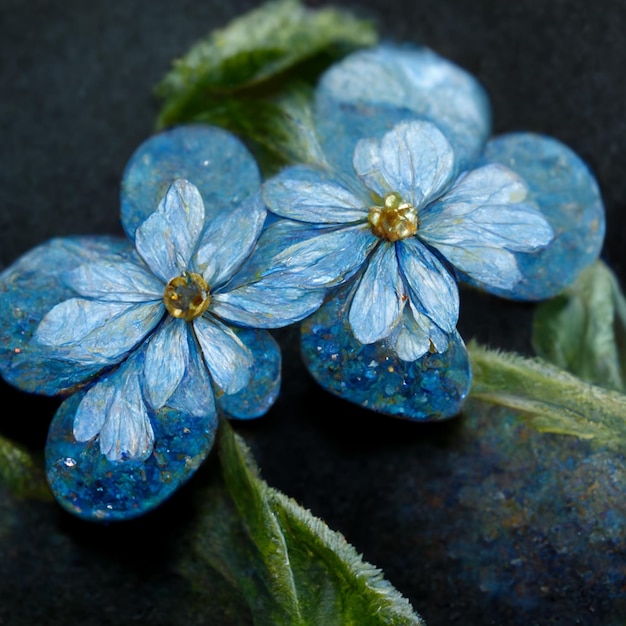 Montón de pequeñas flores azules no me olvides con hojas