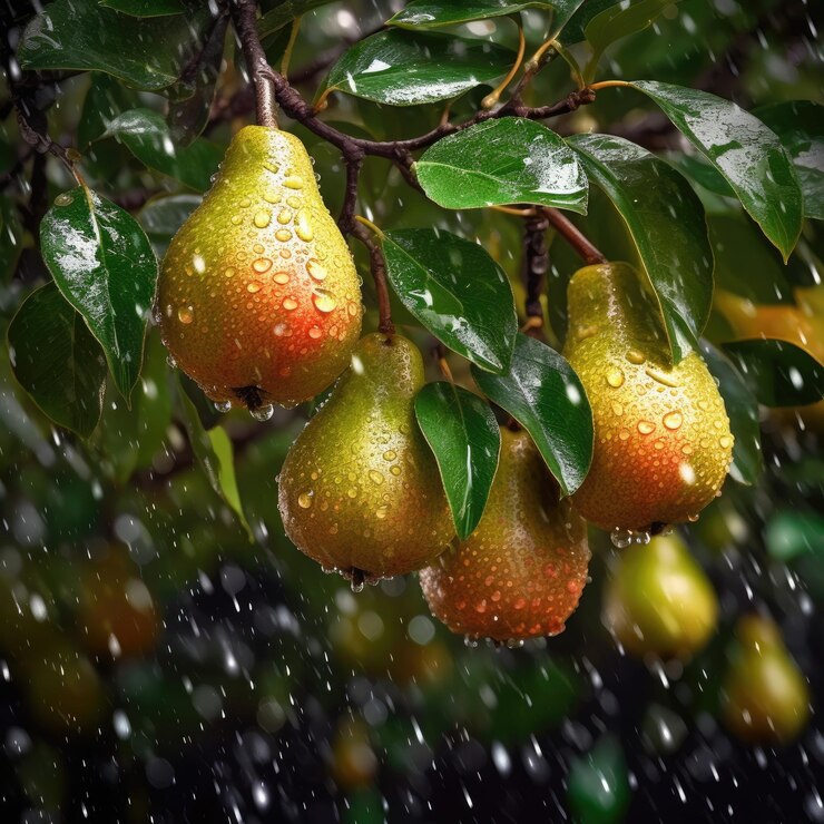 Un montón de peras colgando de un árbol con gotas de lluvia sobre ellas.