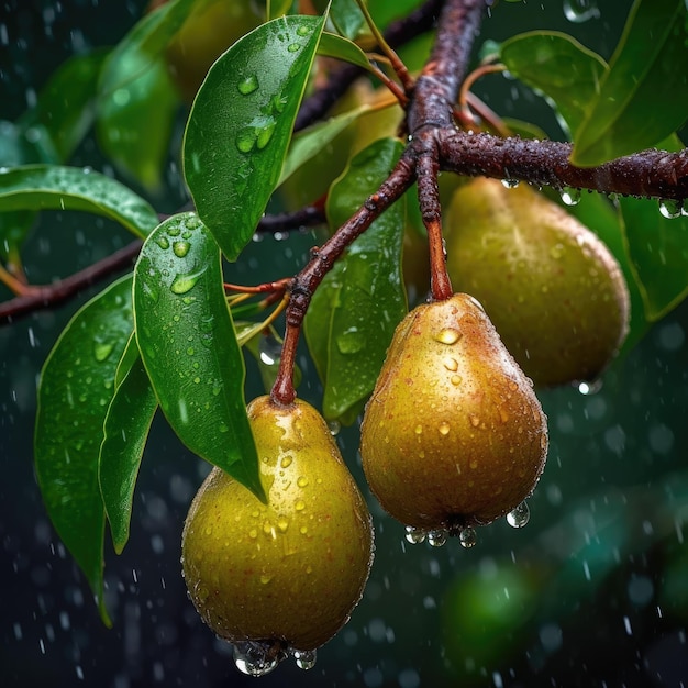 Un montón de peras colgando de un árbol con gotas de lluvia sobre ellas.