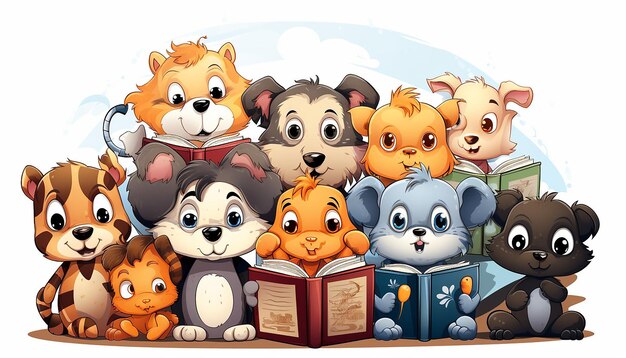 Foto un montón de personajes animales amantes de los libros