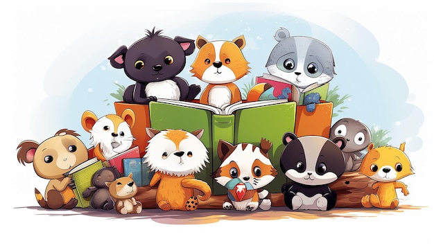 Un montón de personajes animales amantes de los libros