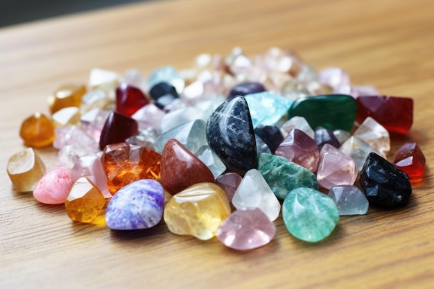 Un montón de piedras preciosas de colores variados sobre una mesa