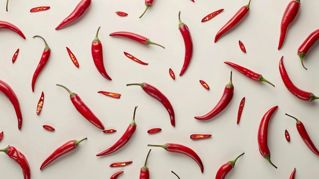un montón de pimientos calientes rojos están en una superficie blanca